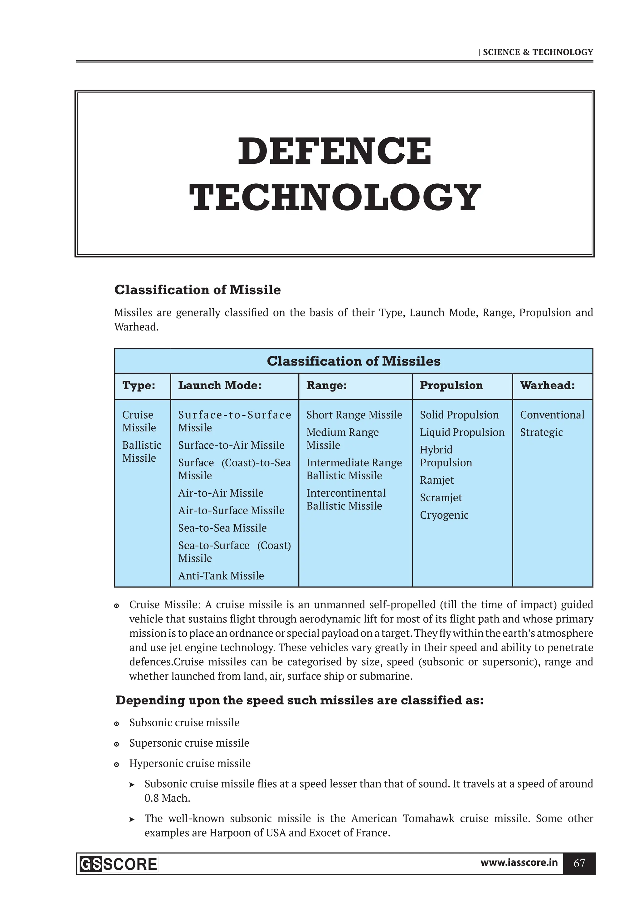 www.iasscore.in 67
| SCIENCE  TECHNOLOGY
Classification of Missile
Missiles are generally classified on the basis of their Type, Launch Mode, Range, Propulsion and
Warhead.
Classification of Missiles
Type: Launch Mode: Range: Propulsion Warhead:
Cruise
Missile
Ballistic
Missile
Sur face-to-Sur face
Missile
Surface-to-Air Missile
Surface (Coast)-to-Sea
Missile
Air-to-Air Missile
Air-to-Surface Missile
Sea-to-Sea Missile
Sea-to-Surface (Coast)
Missile
Anti-Tank Missile
Short Range Missile
Medium Range
Missile
Intermediate Range
Ballistic Missile
Intercontinental
Ballistic Missile
Solid Propulsion
Liquid Propulsion
Hybrid
Propulsion
Ramjet
Scramjet
Cryogenic
Conventional
Strategic
Cruise Missile: A cruise missile is an unmanned self-propelled (till the time of impact) guided

vehicle that sustains flight through aerodynamic lift for most of its flight path and whose primary
missionistoplaceanordnanceorspecialpayloadonatarget.Theyflywithintheearth’satmosphere
and use jet engine technology. These vehicles vary greatly in their speed and ability to penetrate
defences.Cruise missiles can be categorised by size, speed (subsonic or supersonic), range and
whether launched from land, air, surface ship or submarine.
Depending upon the speed such missiles are classified as:
Subsonic cruise missile

Supersonic cruise missile

Hypersonic cruise missile

Subsonic cruise missile flies at a speed lesser than that of sound. It travels at a speed of around

0.8 Mach.
The well-known subsonic missile is the American Tomahawk cruise missile. Some other

examples are Harpoon of USA and Exocet of France.
DEFENCE
TECHNOLOGY
 