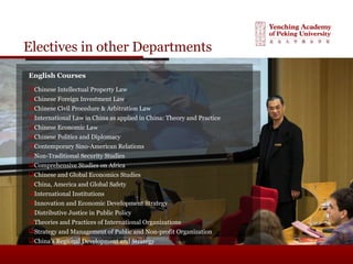 Electives in other Departments
English Courses
Chinese Intellectual Property Law
Chinese Foreign Investment Law
Chinese Civil Procedure & Arbitration Law
International Law in China as applied in China: Theory and Practice
Chinese Economic Law
Chinese Politics and Diplomacy
Contemporary Sino-American Relations
Non-Traditional Security Studies
Comprehensive Studies on Africa
Chinese and Global Economics Studies
China, America and Global Safety
International Institutions
Innovation and Economic Development Strategy
Distributive Justice in Public Policy
Theories and Practices of International Organizations
Strategy and Management of Public and Non-profit Organization
China’s Regional Development and Strategy
 