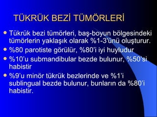 TÜKRÜK BEZİ TÜMÖRLERİ
 Tükrük bezi tümörleri, baş-boyun bölgesindeki
  tümörlerin yaklaşık olarak %1-3'ünü oluşturur.
 %80 parotiste görülür, %80’i iyi huyludur
 %10’u submandibular bezde bulunur, %50’si
  habistir
 %9’u minör tükrük bezlerinde ve %1’i
  sublingual bezde bulunur, bunların da %80’i
  habistir.
 