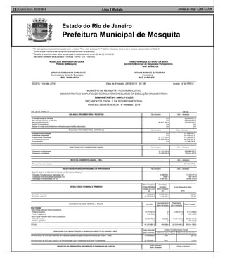Estado do Rio de Janeiro
Prefeitura Municipal de Mesquita
Atos Oﬁciais18| Quarta-feira, 01/10/2014 Jornal de Hoje - 2667-1100
( ) j
³ O valor apresentado na intercessão com a coluna "i" ou com a coluna "h+i" (último bimestre) deverá ser o mesmo apresentado no "total k".
4
Limite anual mínimo a ser cumprido no encerramento do exercício.
5
Durante o exercício esse valor servirá para o monitoramento no art. 23 da LC 141/2012.
6
No último bimestre será utilizada a fórmula: VI(h+i) - (15 x IIIb/100)
ROGELSON SANCHES FONTOURA FABIO HENRIQUE ESTEVÃO DA SILVA
Prefeito de Mesquita Secretário Municipal de Despesas e Planejamento
MAT. 60/008.129
ADRIANA ALMEIDA DE CARVALHO TATIANE MARIA O. S. TEIXEIRA
Controladora Geral do Município. Contadora
MAT. 60/008.071-3 MAT. 11/007.652
SIGFIS - Versão 2014 Data de Emissão: 29/09/2014 05:18h Anexo 12 do RREO
MUNICÍPIO DE MESQUITA - PODER EXECUTIVO
DEMONSTRATIVO SIMPLIFICADO DO RELATÓRIO RESUMIDO DA EXECUÇÃO ORÇAMENTÁRIA
DEMONSTRATIVO SIMPLIFICADO
ORÇAMENTOS FISCAL E DA SEGURIDADE SOCIAL
PERÍODO DE REFERÊNCIA : 4º Bimestre / 2014
LRF, art 48 - Anexo 14 R$1,00
BALANÇO ORCAMENTÁRIO - RECEITAS No bimestre Até o bimestre
Previsão Inicial de Receita
Previsão Atualizada da Receita
Receitas Realizadas
Deficit Orçamentário
Saldos de Exercícios Anteriores (utilizados para créditos adicionais)
0,0
0,0
38.981.382,4
0,0
0,0
300.434.677,0
300.434.677,0
157.152.542,1
0,0
0,0
BALANÇO ORCAMENTÁRIO - DESPESAS No bimestre Até o bimestre
Dotação Inicial Dotação
Atualizada Despesas
Empenhadas Despesas
Liquidadas Superavit
Orçamentário
0,0
0,0
21.171.534,4
35.265.002,8
0,0
317.989.439,1
331.456.037,9
216.368.097,2
143.014.417,3
14.138.124,8
DESPESAS POR FUNÇÃO/SUBFUNÇÃO No bimestre Até o bimestre
Despesas Empenhadas
Despesas Liquidadas
21.171.534,5
35.265.002,8
216.368.097,2
143.014.417,3
RECEITA CORRENTE LIQUIDA - RCL Até o bimestre
Receita Corrente Líquida 220.434.306,6
RECEITAS/DESPESAS DOS REGIMES DE PREVIDENCIA No bimestre Até o bimestre
Regime Próprio de Previdencia Social dos Servidores Públicos
Receitas Previdenciárias realizadas (III)
Despesas Previdenciárias liquidadas (IV)
Resultado Previdenciário (III-IV)
5.896.293,1
8.961,4
5.887.331,7
17.249.271,4
597.461,4
16.651.810,0
RESULTADOS NOMINAL E PRIMÁRIO
Meta Fixada no
Anexo de Metas
Fiscais da LDO
(a)
Resultado
Apurado
Até o Bimestre
(b)
% em Relação à Meta
(b/a)
Resultado Nominal
Resultado Primário
-4.385.637,0
20.071.030,0
13.575.929,4
4.482.945,2
-309,6%
22,3%
MOVIMENTAÇÃO DE RESTOS A PAGAR Inscrição
Cancelamento
até o bimestre
Pagamento
até o bimestre
Saldo a pagar
POR PODER
RESTOS A PAGAR PROCESSADOS
Poder Executivo
Poder Legislativo
RESTOS A PAGAR NÃO PROCESSADOS
Poder Executivo
Poder Legislativo
10.473.813,5
238.386,3
29.625.765,5
0,0
0,0
0,0
452.889,3
0,0
6.354.013,0
0,0
15.661.633,2
0,0
4.119.800,5
238.386,3
30.607.041,5
-450.433,0
TOTAL 40.337.965,3 452.889,3 22.015.646,2 34.514.795,3
DESPESAS COM MANUTENÇÃO E DESENVOLVIMENTO DO ENSINO - MDE
Valor Apurado
até o bimestre
Limites Constitucionais Anuais
%Mínimo Aplicar Exerc %Aplicado até bimestre
Mínimo Anual de 25% das Receitas de Impostos na Manutenção e Desenvolvimento do Ensino - MDE
Mínimo Anual de 60% do FUNDEB na Remuneração dos Professores do Ensino Fundamental
16.483.599,3
23.330.490,1
25%
60%
20,7%
75,5%
RECEITAS DE OPERAÇÕES DE CRÉDITO E DESPESAS DE CAPITAL
Valor Apurado
Até o Bimestre
Saldo a Realizar
 