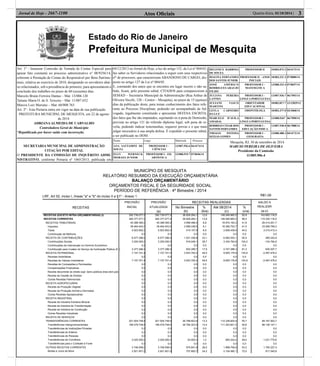 Estado do Rio de Janeiro
Prefeitura Municipal de Mesquita
Atos Oﬁciais 3Quarta-feira, 01/10/2014 |Jornal de Hoje - 2667-1100
Art. 1º - Instaurar Comissão de Tomada de Contas Especial para
apurar fato constante no processo administrativo n° 08/9256/14,
referente à Prestação de Contas do Responsável por Bens Patrimo-
niais, relativa ao exercício de 2010, designando os servidores abai-
xo relacionados, sob a presidência do primeiro, para apresentarem a
conclusão dos trabalhos no prazo de 60 (sessenta) dias.
Marcelo Bruno Ferreira Dantas – Mat. 13/006.120
Tatiane Maria O. de S. Teixeira – Mat. 11/007.652
Marcos Luiz Mariano – Mat. 60/008.763
Art. 2º - Esta Portaria entra em vigor na data de sua publicação.
PREFEITURA MUNICIPAL DE MESQUITA, em 22 de agosto
de 2014.
ADRIANAALMEIDA DE CARVALHO
Controladora Geral do Município
*Republicado por haver saído com incorreção.
SECRETARIA MUNICIPAL DE ADMINISTRAÇÃO
CITAÇÃO POR EDITAL
O PRESIDENTE DA COMISSÃO DE INQUÉRITO ADMI-
NISTRATIVO, conforme Portaria nº 1065/2013, publicada em
04/12/2013 no Jornal de Hoje, a luz do artigo 152, da Lei nº 004/05,
faz saber os Servidores relacionados a seguir com seus respectivos
nºs
de processos, que caracterizam ABANDONO DE CARGO, dis-
posto no artigo 127 da Lei nº 004/05.
E, constando dos autos que se encontra em lugar incerto e não sa-
bido, ﬁcam, pelo presente edital, CITADOS para comparecerem à
SEMAD – Secretaria Municipal de Administração (Rua Arthur de
Oliveira Vecchi, 120 – Centro – Mesquita), no prazo de 15 (quinze)
dias da publicação deste, para tomar conhecimento dos fatos refe-
rente ao Processo Disciplinar, podendo ser acompanhado de Ad-
vogado, legalmente constituído e apresentar DEFESA ESCRITA,
dos fatos que lhe são imputados, sujeitando-os à pena de Demissão,
prevista no artigo 121 do referido diploma legal, sob pena de re-
velia, podendo indicar testemunhas, requerer provas e o que mais
julgar necessário à sua ampla defesa. É expedido o presente edital,
a ser publicado no DOM.
Nome Cargo Matrícula Processo
ANA SATTAMINI DE
SOUZA
PROFESSOR I –
CIÊNCIAS
13/007.556-6 04/4174/14
ELLY WERNECK
MORAES JUNIOR
PROFESSOR I – ED.
ARTÍSTICA
13/008.519-7 07/8696/14
HELENICE BARBOSA
DE SOUZA
PROFESSOR II 10/003.073-2 04/4173/14
IDALINA FERNANDES
DOS SANTOS JUNIOR
PROFESSOR II – ANOS
INICIAIS
10/003.221-2 07/8080/14
JOSÉ AMÉRICO
RODRIGUES ARAÚJO
FILHO
PROFESSOR I –
MATEMÁTICA
13/008.322-4 07/8697/14
JULIANA PEREIRA
LANNES
PROFESSOR I –
LINGUA PORTUGUESA
13/007.936-7 06/7093/14
JULIANE VASCO
MARTINS
ORIENTADOR
EDUCACIONAL
10/002.817-7 12/12829/12
LEYLA CARNEIRO
DA LUZ
ODONTÓLOGA 10/003.477-0 03/3068/14
MARCELO D’AVILA
AMARAL
PROFESSOR I –
LINGUA PORTUGUESA
13/008.5367 06/7090/14
RODRIGO CESAR DOS
SANTOS FERNANDES
PROFESSOR I –
EDUCAÇÃO FISICA
13/007.528-0 06/7088/14
THIAGO FEITOSA
SEIXAS GOMES
PROFESSOR I –
GEOGRAFIA
13/008.488-3 04/4172/14
Mesquita, RJ, 30 de setembro de 2014
MARCIO PEREIRA DE OLIVEIRA
Presidente da Comissão
11/005.906-4
MUNICÍPIO DE MESQUITA
RELATÓRIO RESUMIDO DA EXECUÇÃO ORÇAMENTÁRIA
BALANÇO ORÇAMENTÁRIO
ORÇAMENTOS FISCAL E DA SEGURIDADE SOCIAL
PERÍODO DE REFERÊNCIA : 4º Bimestre / 2014
LRF, Art 52, inciso I, líneas "a" e "b" do inciso II e §1º - Anexo 1 R$1,00
RECEITAS
PREVISÃO
INICIAL
PREVISÃO
ATUALIZADA
(a)
RECEITAS REALIZADAS SALDO A
REALIZAR
(a-c)
No Bimestre
(b)
%
(b/a)
Até 08/2014
(c)
%
(c/a)
RECEITAS (EXCETO INTRA-ORÇAMENTÁRIAS) (I)
RECEITAS CORRENTES
RECEITAS TRIBUTÁRIAS
Impostos
Taxas
Contribuição de Melhoria
RECEITA DE CONTRIBUIÇÕES
Contribuições Sociais
Contribuições de Intervenção no Domínio Econômico
Contribuição para Custeio do Serviço de Iluminação Pública (E
RECEITA PATRIMONIAL
Receitas Imobiliárias
Receitas de Valores Imobiliários
Receitas de Concessões e Permissões
Compensações Financeiras
Receita decorrente do direito expl. bens públicos área dom.púb.
Receita de Cessão de Direitos
Outras Receitas Patrimoniais
RECEITA AGROPECUÁRIA
Receita da Produção Vegetal
Receita da Produção Animal e Derivados
Outras Receitas Agropecuárias
RECEITA INDUSTRIAL
Receita da Industria Extrativa Mineral
Receita da Indústria de Transformação
Receita da Indústria de Construção
Outras Receitas Industriais
RECEITA DE SERVIÇOS
TRANSFERÊNCIAS CORRENTES
Transferências Intergovernamentais
Transferências de Instituições Privadas
Transferências do Exterior
Transferências de Pessoas
Transferências de Convênios
Transferências para o Combate à Fome
OUTRAS RECEITAS CORRENTES
Multas e Juros de Mora
292.739.077,0
264.377.077,0
45.388.395,0
39.464.543,0
5.923.852,0
0,0
6.577.296,0
3.200.000,0
0,0
C 3.377.296,0
7.157.701,4
0,0
7.157.701,4
0,0
0,0
0,0
0,0
0,0
0,0
0,0
0,0
0,0
0,0
0,0
0,0
0,0
0,0
0,0
201.504.748,6
199.479.748,6
0,0
0,0
0,0
2.025.000,0
0,0
3.748.936,0
2.921.601,0
292.739.077,0
264.377.077,0
45.388.395,0
39.464.543,0
5.923.852,0
0,0
6.577.296,0
3.200.000,0
0,0
3.377.296,0
7.157.701,4
0,0
7.157.701,4
0,0
0,0
0,0
0,0
0,0
0,0
0,0
0,0
0,0
0,0
0,0
0,0
0,0
0,0
0,0
201.504.748,6
199.479.748,6
0,0
0,0
0,0
2.025.000,0
0,0
3.748.936,0
2.921.601,0
36.829.294,1
36.829.294,1
3.999.496,4
3.589.338,5
410.157,9
0,0
1.521.338,8
918.049,1
0,0
603.289,7
3.543.793,2
0,0
3.543.793,2
0,0
0,0
0,0
0,0
0,0
0,0
0,0
0,0
0,0
0,0
0,0
0,0
0,0
0,0
0,0
26.788.823,9
26.764.323,9
0,0
0,0
0,0
24.500,0
0,0
975.841,8
707.800,7
12,6
13,9
8,8
9,1
6,9
0,0
23,1
28,7
0,0
17,9
49,5
0,0
49,5
0,0
0,0
0,0
0,0
0,0
0,0
0,0
0,0
0,0
0,0
0,0
0,0
0,0
0,0
0,0
13,3
13,4
0,0
0,0
0,0
1,2
0,0
26,0
24,2
149.046.960,5
149.046.960,5
18.974.193,3
16.365.753,7
2.608.439,6
0,0
6.082.053,1
3.334.764,8
0,0
2.747.288,3
9.655.179,6
0,0
9.655.179,6
0,0
0,0
0,0
0,0
0,0
0,0
0,0
0,0
0,0
0,0
0,0
0,0
0,0
0,0
0,0
112.336.825,9
111.343.601,5
0,0
0,0
0,0
993.224,4
0,0
1.998.708,6
2.104.560,1
50,9
56,4
41,8
41,5
44,0
0,0
92,5
104,2
0,0
81,3
134,9
0,0
134,9
0,0
0,0
0,0
0,0
0,0
0,0
0,0
0,0
0,0
0,0
0,0
0,0
0,0
0,0
0,0
55,7
55,8
0,0
0,0
0,0
49,0
0,0
53,3
72,0
143.692.116,5
115.330.116,5
26.414.201,7
23.098.789,3
3.315.412,4
0,0
495.242,9
-134.764,8
0,0
630.007,7
-2.497.478,2
0,0
-2.497.478,2
0,0
0,0
0,0
0,0
0,0
0,0
0,0
0,0
0,0
0,0
0,0
0,0
0,0
0,0
0,0
89.167.922,7
88.136.147,1
0,0
0,0
0,0
1.031.775,6
0,0
1.750.227,4
817.040,9
 