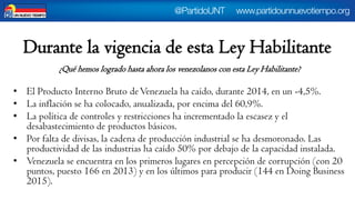 Durante la vigencia de esta Ley Habilitante 
¿Qué hemos logrado hasta ahora los venezolanos con esta Ley Habilitante? 
•El Producto Interno Bruto de Venezuela ha caído, durante 2014, en un -4,5%. 
•La inflación se ha colocado, anualizada, por encima del 60,9%. 
•La política de controles y restricciones ha incrementado la escasez y el desabastecimiento de productos básicos. 
•Por falta de divisas, la cadena de producción industrial se ha desmoronado. Las productividad de las industrias ha caído 50% por debajo de la capacidad instalada. 
•Venezuela se encuentra en los primeros lugares en percepción de corrupción (con 20 puntos, puesto 166 en 2013) y en los últimos para producir (144 en DoingBusiness 2015). 