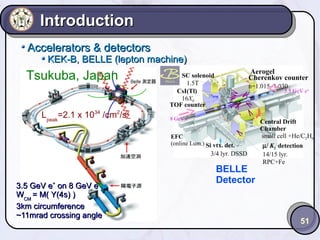 Introduction
Accelerators & detectors

KEK-B, BELLE (lepton machine)

Tsukuba, Japan
Lpeak=2.1 x 1034 /cm2/s2

Aerogel
Cherenkov counter

SC solenoid
1.5T
CsI(Tl)
16X0
TOF counter

n=1.015~1.030

3.5 GeV e+

8 GeV e−

EFC
(online Lum.) Si vtx. det.

3/4 lyr. DSSD

3.5 GeV e+ on 8 GeV eWCM = M( Υ(4s) )
3km circumference
~11mrad crossing angle

BELLE
Detector

Central Drift
Chamber
small cell +He/C2H6
µ/ KL detection
14/15 lyr.
RPC+Fe

51

 