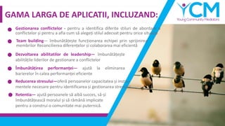 GAMA LARGA DE APLICATII, INCLUZAND:
Gestionarea conflictelor - pentru a identifica diferite stiluri de abordare a
conflictelor și pentru a afla cum să alegeți stilul adecvat pentru orice situație
Team building— îmbunătățește funcționarea echipei prin sprijinirea
membrilor Reconcilierea diferențelor și colaborarea mai eficientă
Dezvoltarea abilitatilor de leadership— îmbunătățește
abilitățile liderilor de gestionare a conflictelor
Îmbunătățirea performanței— ajută la eliminarea
barierelor în calea performanței eficiente
Reducerea stresului—oferă persoanelor capacitatea și instru-
mentele necesare pentru identificarea și gestionarea stresului
Retentia— ajută persoanele să aibă succes, să-și
îmbunătățească moralul și să rămână implicate
pentru a construi o comunitate mai puternică.
 