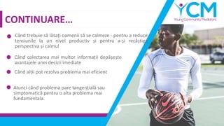 CONTINUARE…
Când trebuie să lăsați oamenii să se calmeze - pentru a reduce
tensiunile la un nivel productiv și pentru a-și recâștiga
perspectiva și calmul
Când colectarea mai multor informații depășește
avantajele unei decizii imediate
Când alții pot rezolva problema mai eficient
Atunci când problema pare tangențială sau
simptomatică pentru o alta problema mai
fundamentala.
 