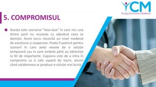 5. COMPROMISUL
Acesta este scenariul “lose-lose" în care nici una
dintre parti nu reusește cu adevărat ceea ce
dorește. Acest lucru necesită un nivel moderat
de aserțiune și cooperare. Poate fi potrivit pentru
scenarii în care aveți nevoie de o soluție
temporară sau în care ambele părți au obiective
la fel de importante. Capcana este de a intra în
compromis ca o cale ușoară de ieșire, atunci
când colaborarea ar produce o soluție mai bună.
 