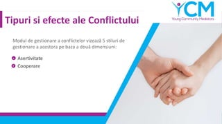 Tipuri si efecte ale Conflictului
Modul de gestionare a conflictelor vizează 5 stiluri de
gestionare a acestora pe baza a două dimensiuni:
Asertivitate
Cooperare
1
2
 