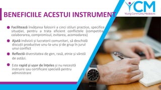 BENEFICIILE ACESTUI INSTRUMENT
Facilitează învățarea folosirii a cinci stiluri practice, specifice
situației, pentru a trata eficient conflictele (competitia,
colaborarea, compromisul, evitarea, acomodarea)
Ajută indivizii și lucratorii comunitari, să deschidă
discuții productive unu-la-unu și de grup în jurul
unui conflict
Reflectă diversitatea de gen, rasă, etnie și vârstă
de astăzi.
Este rapid și ușor de înțeles și nu necesită
instruire sau certificare specială pentru
administrare
 