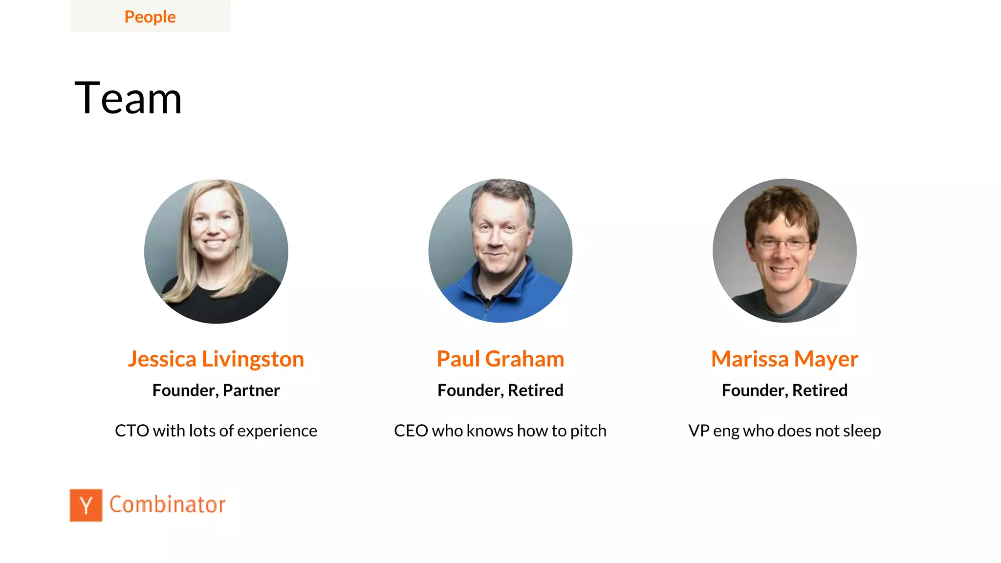 Team
Paul Graham
Founder, Retired
Marissa Mayer
Founder, Retired
Jessica Livingston
Founder, Partner
CTO with lots of experience CEO who knows how to pitch VP eng who does not sleep
People
 