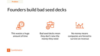 Founders build bad seed decks
Bad seed decks mean
they don’t raise the
money they need
No money means
companies are forced to
survive on revenue
This wastes a huge
amount of time
Problem
 
