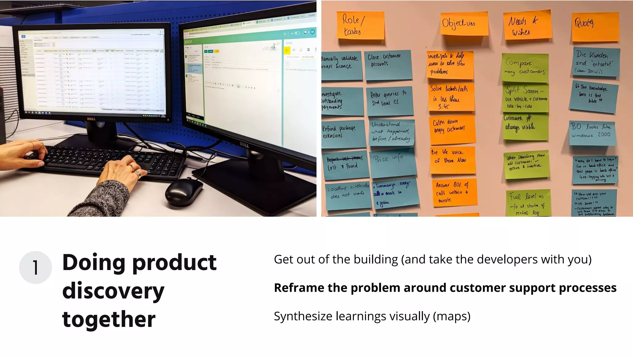 Get out of the building (and take the developers with you)
Reframe the problem around customer support processes
Synthesize learnings visually (maps)
Doing product
discovery
together
1
 