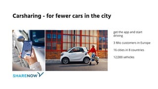 Carsharing - for fewer cars in the city
get the app and start
driving
3 Mio customers in Europe
16 cities in 8 countries
12,000 vehicles
 