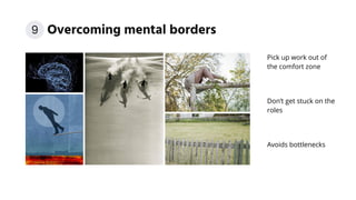 Overcoming mental borders
Pick up work out of
the comfort zone
Don’t get stuck on the
roles
Avoids bottlenecks
9
 