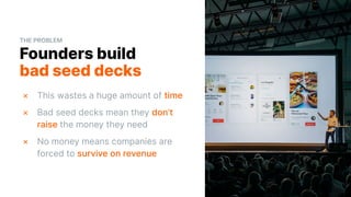 THE PROBLEM
Founders build
bad seed decks
× This wastes a huge amount of time
× Bad seed decks mean they don’t
raise the money they need
× No money means companies are
forced to survive on revenue
3
 