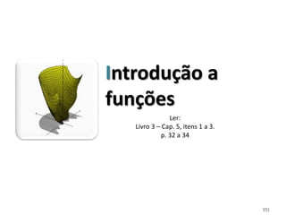 111
Introdução a
funções
Ler:
Livro 3 – Cap. 5, itens 1 a 3.
p. 32 a 34