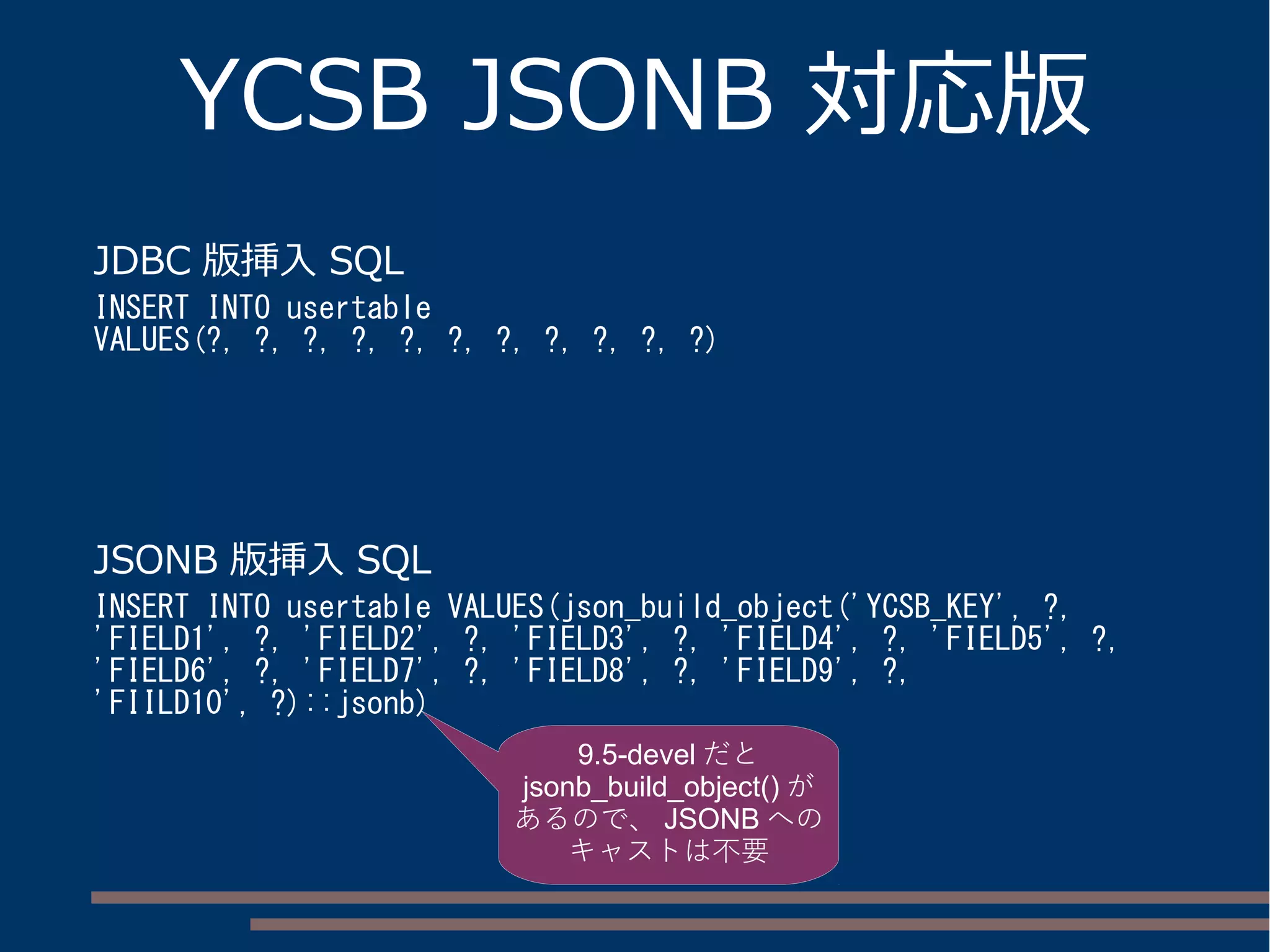 YCSB JSONB 対応版
JDBC 版挿入 SQL
INSERT INTO usertable
VALUES(?, ?, ?, ?, ?, ?, ?, ?, ?, ?, ?)
JSONB 版挿入 SQL
INSERT INTO usertable VALUES(json_build_object('YCSB_KEY', ?,
'FIELD1', ?, 'FIELD2', ?, 'FIELD3', ?, 'FIELD4', ?, 'FIELD5', ?,
'FIELD6', ?, 'FIELD7', ?, 'FIELD8', ?, 'FIELD9', ?,
'FIILD10', ?)::jsonb)
9.5-devel だと
jsonb_build_object() が
あるので、 JSONB への
キャストは不要
 