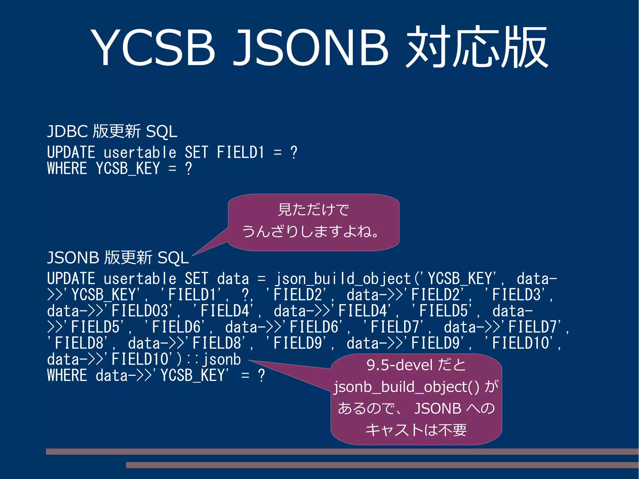 YCSB JSONB 対応版
JDBC 版更新 SQL
UPDATE usertable SET FIELD1 = ?
WHERE YCSB_KEY = ?
JSONB 版更新 SQL
UPDATE usertable SET data = json_build_object('YCSB_KEY', data-
>>'YCSB_KEY', 'FIELD1', ?, 'FIELD2', data->>'FIELD2', 'FIELD3',
data->>'FIELD03', 'FIELD4', data->>'FIELD4', 'FIELD5', data-
>>'FIELD5', 'FIELD6', data->>'FIELD6', 'FIELD7', data->>'FIELD7',
'FIELD8', data->>'FIELD8', 'FIELD9', data->>'FIELD9', 'FIELD10',
data->>'FIELD10')::jsonb
WHERE data->>'YCSB_KEY' = ?
9.5-devel だと
jsonb_build_object() が
あるので、 JSONB への
キャストは不要
見ただけで
うんざりしますよね。
 