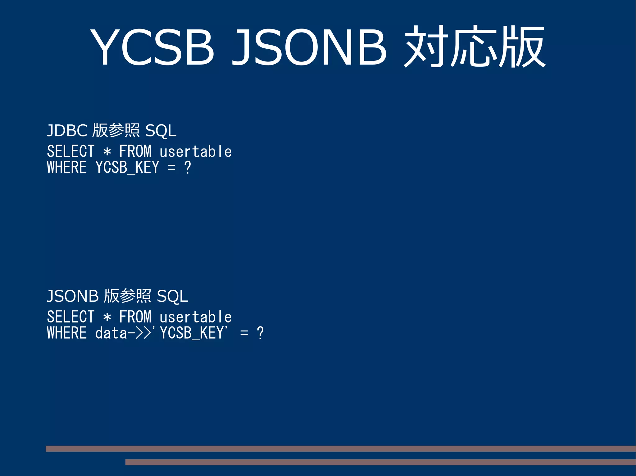YCSB JSONB 対応版
JDBC 版参照 SQL
SELECT * FROM usertable
WHERE YCSB_KEY = ?
JSONB 版参照 SQL
SELECT * FROM usertable
WHERE data->>'YCSB_KEY' = ?
 