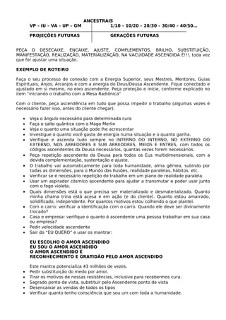 ANCESTRAIS 
VP – IU – VA – UP – GM 1/10 – 10/20 – 20/30 – 30/40 – 40/50… 
PROJEÇÕES FUTURAS GERAÇÕES FUTURAS 
PEÇA O DESECAIXE, ENCAIXE, AJUSTE, COMPLEMENTOS, BRILHO, SUBSTITUIÇÃO, 
MANIFESTAÇÃO, REALIZAÇÃO, MATERIALIZAÇÃO, NA VACUIDADE ASCENDIDA É!!!, toda vez 
que for ajustar uma situação. 
EXEMPLO DE ROTEIRO 
Faça o seu processo de conexão com a Energia Superior, seus Mestres, Mentores, Guias 
Espirituais, Anjos, Arcanjos e com a energia do Deus/Deusa Ascendente. Fique conectado e 
ajustado em si mesmo, no eixo ascendente. Peça proteção e inicie, conforme explicado no 
item “iniciando o trabalho com a Mesa Radiônica” 
Com o cliente, peça ascendência em tudo que possa impedir o trabalho (algumas vezes é 
necessário fazer isso, antes do cliente chegar). 
· Veja o ângulo necessário para determinada cura 
· Faça o salto quântico com o Mago Merlin 
· Veja o quanto uma situação pode lhe acrescentar 
· Investigue o quanto você gasta de energia numa situação e o quanto ganha. 
· Verifique e ascenda tudo sempre no INTERNO DO INTERNO, NO EXTERNO DO 
EXTERNO, NOS ARREDORES E SUB ARREDORES, MEIOS E ENTRES, com todos os 
códigos ascendentes da Deusa necessários, quantas vezes forem necessários. 
· Peça repetição ascendente da Deusa para todos os Eus multidimensionais, com a 
devida complementação, sustentação e ajuste. 
· O trabalho vai automaticamente para toda humanidade, alma gêmea, subindo por 
todas as dimensões, para o Mundo das Ilusões, realidade paralelas, hábitos, etc. 
· Verificar se é necessário repetição do trabalho em um plano de realidade paralela. 
· Usar um aspirador cósmico ascendente para ajudar a transmutar e poder usar junto 
com o fogo violeta. 
· Quais dimensões está o que precisa ser materializado e desmaterializado. Quanto 
minha chama trina está acesa e em ação (e do cliente). Quanto estou amarrado, 
solidificado, independente. Por quantos motivos estou colhendo o que plantei. 
· Com o carro: verificar a identificação com o carro. Quando ele deve ser divinamente 
trocado? 
· Casa e empresa: verifique o quanto é ascendente uma pessoa trabalhar em sua casa 
ou empresa? 
· Pedir velocidade ascendente 
· Sair do “EU QUERO” e usar os mantrar: 
EU ESCOLHO O AMOR ASCENDIDO 
EU SOU O AMOR ASCENDIDO 
O AMOR ASCENDIDO É 
RECONHECIMENTO E GRATIDÃO PELO AMOR ASCENDIDO 
Este mantra potencializa 43 milhões de vezes. 
· Pedir substituição do medo por amor. 
· Tirar os motivos de nossas resistências, inclusive para recebermos cura. 
· Sagrado ponto de vista, substituir pelo Ascendente ponto de vista 
· Desencaixar as vendas de todos os tipos 
· Verificar quanto tenho consciência que sou um com toda a humanidade. 
 