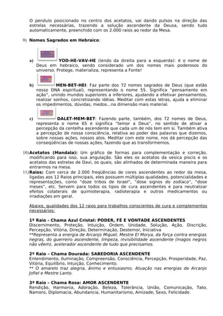 O pendulo posicionado no centro dos acetatos, vai dando pulsos na direção das 
estrelas necessárias, trazendo a solução ascendente da Deusa, sendo tudo 
automaticamente, preenchido com os 2.000 raios ao redor da Mesa. 
9) Nomes Sagrados em Hebraico: 
a) YOD-HE-VAV-HE (lendo da direita para a esquerda): é o nome de 
Deus em hebraico, sendo considerado um dos nomes mais poderosos do 
universo. Protege, materializa, representa a Fonte! 
b) MEN-BET-HEI: Faz parte dos 72 nomes sagrados de Deus (que estão 
nosso DNA espiritual), representando o nome 55. Significa “pensamento em 
ação”, unindo mundos superiores a inferiores, ajudando a efetivar pensamentos, 
realizar sonhos, concretizando idéias. Meditar com estas letras, ajuda a eliminar 
os impedimentos, dúvidas, medos...na dimensão mais material. 
c) DALET-MEM-BET: Fazendo parte, também, dos 72 nomes de Deus, 
representa o nome 65 e significa “temor a Deus”, no sentido de ativar a 
percepção da centelha ascendente que cada um de nós tem em si. Também ativa 
a percepção de nossa consciência, relativa ao poder das palavras que dizemos, 
sobre nossas ações, nossos atos. Meditar com este nome, nos dá percepção das 
conseqüências de nossas ações, fazendo que as transformemos. 
10)Acetatos (Mandala): Um gráfico de formas para complementação e correção, 
modificando para isso, sua angulação. São eles os acetatos da vesica piscis e os 
acetatos das estrelas de Davi, os quais, são alinhados de determinada maneira para 
entrarmos na mesa. 
11)Raios: Com cerca de 2.000 freqüências de cores ascendentes ao redor da mesa, 
ligadas aos 12 Raios principais, eles possuem múltiplas qualidades, potencialidades e 
representações, como “doze tribos de Israel”, “dose signos do zodíaco”, “dose 
meses”, etc. Servem para todos os tipos de cura ascendentes e para neutralizar 
efeitos colaterais de quimioterapia, radioterapia e outros medicamentos ou 
irradiações em geral. 
Abaixo, qualidades dos 12 raios para trabalhos conscientes de cura e complementos 
necessários: 
1º Raio - Chama Azul Cristal: PODER, FÉ E VONTADE ASCENDENTES 
Discernimento, Proteção, Intuição, Ordem, Unidade, Solução, Ação, Discrição, 
Percepção, Vitória, Direção, Determinação, Destemor, Iniciativa 
**Representa a energia de Arcanjo Miguel, Mestre El Morya, da força contra energias 
negras, do guerreiro ascendente, limpeza, invisibilidade ascendente (magos negros 
não vêem), acelerador ascendente de tudo que precisamos. 
2º Raio – Chama Dourada: SABEDORIA ASCENDENTE 
Entendimento, Iluminação, Compreensão, Consciência, Percepção, Prosperidade, Paz, 
Vitória, Equilíbrio, Intuição, Conhecimento. 
** O amarelo traz alegria, ânimo e entusiasmo. Atuação nas energias de Arcanjo 
Jofiel e Mestre Lanto. 
3ª Raio – Chama Rosa: AMOR ASCENDENTE 
Rendição, Harmonia, Adoração, Beleza, Tolerância, União, Comunicação, Tato, 
Namoro, Diplomacia, Abundancia, Humanitarismo, Amizade, Sexo, Felicidade. 
 