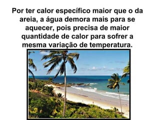 Por ter calor específico maior que o da
areia, a água demora mais para se
aquecer, pois precisa de maior
quantidade de calor para sofrer a
mesma variação de temperatura.
 