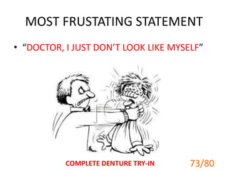 MOST FRUSTATING STATEMENT
• “DOCTOR, I JUST DON’T LOOK LIKE MYSELF”
73/80COMPLETE DENTURE TRY-IN
 