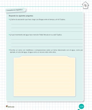 229
Competencia lingüística
Responde las siguientes preguntas:
•	¿Cuál es la asociación que hace Jorge Luis Borges entre el tiempo y el río? Explica.
•	¿A qué movimiento del agua hace mención Pablo Neruda en su oda? Explica.
•	Escribe un verso con metáforas o comparaciones sobre un tema relacionado con el agua, como por
ejemplo, el ciclo del agua, el agua como un recurso vital, entre otros.
 