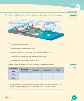 233
2. Escribe en cada descripción el número de la reserva hídrica que se indica en la imagen.
Gran reserva de agua salada.
Reserva de agua dulce en estado sólido.
Reservas de agua dulce que fluyen sobre la superficie de la Tierra.
Cursos de agua que circulan bajo la superficie de la Tierra.
Agua en estado gaseoso y en pequeñas gotas.
3. Completa la tabla, indicando si es mayor o menor la característica señalada.
a. ¿A qué crees que se debe la diversidad de seres vivos que se encuentran en la zona
afótica? Justifica considerando los factores mencionados en la tabla anterior.
Unidad 4
Evaluación final
puntos
puntos
5
10
Característica Diversidad de
seres vivos
Temperatura Luminosidad Presión
Zona
Fótica
Afótica
1
2
3
4
5
 