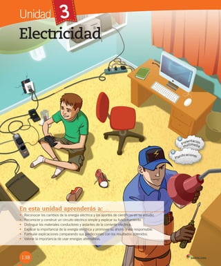 3Unidad
Electricidad
138
En esta unidad aprenderás a:
• Reconocer los cambios de la energía eléctrica y los aportes de científicos en su estudio.
• Reconocer y construir un circuito eléctrico simple y explicar su funcionamiento.
• Distinguir los materiales conductores y aislantes de la corriente eléctrica.
• Explicar la importancia de la energía eléctrica y promover su ahorro y uso responsable.
• Formular explicaciones comparando sus predicciones con los resultados obtenidos.
• Valorar la importancia de usar energías alternativas.
138
 