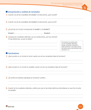 161
Interpretación y análisis de resultados
1. Cuando una de las ampolletas del circuito 1 se desconectó, ¿qué sucedió?
2. Cuando una de las ampolletas del circuito 2 se desconectó, ¿qué ocurrió?
3. ¿A qué tipo de circuito corresponden el circuito 1 y el circuito 2?
Circuito 1: Circuito 2:
4. Compara los resultados obtenidos con tus predicciones; ¿son los mismos?
Si hay diferencias, ¿a qué se deben?
Conclusiones
1. ¿Qué sucede en un circuito en serie cuando uno de sus receptores deja de funcionar?
2. ¿Qué sucede en un circuito en paralelo cuando uno de sus receptores deja de funcionar?
3. ¿Se verificó la hipótesis planteada al comienzo? Justifica.
4. A partir de los resultados obtenidos, justifica por qué en las redes eléctricas domiciliarias se usan los circuitos
en paralelo.
Formular explicaciones a partir de la comparación entre los
resultados obtenidos y sus predicciones
Al comparar tus predicciones
con los resultados obtenidos,
puedes comprobar mediante la
experimentación si las ideas previas
que tenías acerca del fenómeno eran
correctas o no.
 