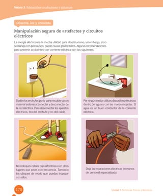 170 Unidad 3 / Ciencias Físicas y Químicas
Módulo 3 / Materiales conductores y aislantes
Manipulación segura de artefactos y circuitos
eléctricos
La energía eléctrica es de mucha utilidad para el ser humano; sin embargo, si no
se maneja con precaución, puede causar graves daños. Algunas recomendaciones
para prevenir accidentes con corriente eléctrica son las siguientes:
Observa, lee y comenta
Sostén los enchufes por la parte recubierta con
material aislante al conectar y desconectar de
la red eléctrica. Para desconectar los aparatos
eléctricos, tira del enchufe y no del cable.
Por ningún motivo utilices dispositivos eléctricos
dentro del agua o con las manos mojadas. El
agua es un buen conductor de la corriente
eléctrica.
No coloques cables bajo alfombras o en otros
lugares que pises con frecuencia. Tampoco
los ubiques de modo que puedas tropezar
con ellos.
Deja las reparaciones eléctricas en manos
de personal especializado.
 