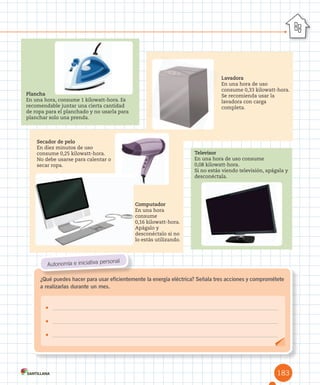 ¿Qué puedes hacer para usar eficientemente la energía eléctrica? Señala tres acciones y comprométete
a realizarlas durante un mes.
¿Qué puedes hacer para usar eficientemente la energía eléctrica? Señala tres acciones y comprométete
Autonomía e iniciativa personal
•	
•	
•	
183
Lavadora
En una hora de uso
consume 0,33 kilowatt-hora.
Se recomienda usar la
lavadora con carga
completa.
Televisor
En una hora de uso consume
0,08 kilowatt-hora.
Si no estás viendo televisión, apágala y
desconéctala.
Plancha
En una hora, consume 1 kilowatt-hora. Es
recomendable juntar una cierta cantidad
de ropa para el planchado y no usarla para
planchar solo una prenda.
Secador de pelo
En diez minutos de uso
consume 0,25 kilowatt-hora.
No debe usarse para calentar o
secar ropa.
Computador
En una hora
consume
0,16 kilowatt-hora.
Apágalo y
desconéctalo si no
lo estás utilizando.
 