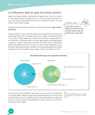 194 Unidad 4 / Ciencias de la Tierra y el Universo
Los diferentes tipos de agua de nuestro planeta
Alguna vez habrás probado accidentalmente agua de mar. ¿Cuál es su sabor?
Es muy distinto al sabor del agua de un río o de la que sale de la llave de tu
casa. Esto implica que el agua de la Tierra no es siempre la misma, sino que
existen diversos tipos de agua.
El agua de nuestro planeta se clasifica en dos grandes grupos: agua salada y
agua dulce.
El agua salada es mucho más abundante que el agua dulce. Se estima que
aproximadamente el 97 % del agua de la Tierra es salada, mientras que solo el
3 % es dulce. El agua salada se encuentra en los océanos y el agua dulce, en
los continentes, en diversas fuentes como ríos, lagos, lagunas, casquetes polares
y glaciares, y aguas subterráneas profundas. De estas fuentes, solo algunas
pueden ser utilizadas por el ser humano. Las otras no están disponibles, como
los hielos milenarios de las altas montañas. En los siguientes gráficos se muestra
la distribución de la cantidad de agua salada y dulce que existe en la Tierra.
Como puedes ver, la cantidad de agua dulce es muy escasa en comparación
con el agua salada. Además, el agua dulce disponible para los seres humanos
es todavía menor, ya que no podemos usar los casquetes polares o los glaciares
para el consumo humano. Comprenderás, de esta manera, por qué es tan
importante cuidar el agua.
Módulo 1 / El agua del planeta
El agua dulce no es dulce en
realidad, se le denomina así para
distinguirla del agua salada, que
realmente tiene un sabor salado.
¿Sabías que...?
El agua dulce del planeta es muy escasa
y se encuentra en su mayoría en estado
sólido.
Distribución del agua en la superficie terrestre
TOTAL dE AGuA AGuA duLCE
Aguas subterráneas profundas 20 %
Ríos, lagos, lagunas 1 %
Casquetes polares y glaciares 79 %
Agua salada 97 %
Agua dulce 3 %
 