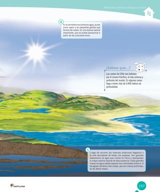 197
Describir la distribución del agua en la Tierra
Luego de recorrer las reservas anteriores llegamos a
la más abundante de todas: los océanos. Son grandes
extensiones de agua que cubren la Tierra y representan
la mayor reserva natural de esta sustancia. Estas grandes
masas de agua salada separan los continentes entre sí. A
las aguas cercanas a las costas, que son menos profundas,
se les llama mares.
En la atmósfera encontramos agua, ya sea
como vapor o en pequeñas gotitas que
forman las nubes. Es una reserva natural
importante, que se puede aprovechar a
partir de las precipitaciones.
4
5
Las costas de Chile son bañadas
por el océano Pacífico, el más extenso y
profundo del mundo. En algunas zonas
llega a tener más de 5.000 metros de
profundidad.
¿Sabías que...?
 