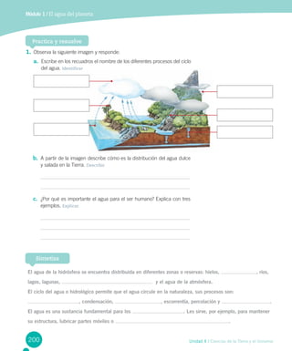 200 Unidad 4 / Ciencias de la Tierra y el Universo
Módulo 1 / El agua del planeta
1. Observa la siguiente imagen y responde:
a. Escribe en los recuadros el nombre de los diferentes procesos del ciclo
del agua. Identificar
Practica y resuelve
El agua de la hidrósfera se encuentra distribuida en diferentes zonas o reservas: hielos, , ríos,
lagos, lagunas, y el agua de la atmósfera.
El ciclo del agua o hidrológico permite que el agua circule en la naturaleza, sus procesos son:
, condensación, , escorrentía, percolación y .
El agua es una sustancia fundamental para los . Les sirve, por ejemplo, para mantener
su estructura, lubricar partes móviles o .
Sintetiza
b. A partir de la imagen describe cómo es la distribución del agua dulce
y salada en la Tierra. Describir
c. ¿Por qué es importante el agua para el ser humano? Explica con tres
ejemplos. Explicar
 