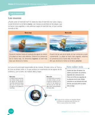 Marea baja Marea alta
Desde la mañana hasta el mediodía las aguas se retiran
y la playa se hace más extensa. Estamos en presencia
de la marea baja. Se denomina bajamar al nivel más
bajo que alcanza la marea.
A partir de las seis de la tarde, el mar comienza a subir
nuevamente. La playa se hace más angosta, estamos
en presencia de la marea alta. Al nivel más
alto que alcanza la marea se le llama pleamar.
210 Unidad 4 / Ciencias de la Tierra y el Universo
Módulo 2 / Características de océanos, mares y lagos
Las mareas
¿Puede variar el nivel del mar? Sí, todos los días el nivel del mar sube o baja y
a este fenómeno se le llama marea. Las mareas se perciben en las playas, que
se hacen más angostas o más extensas según el nivel del mar, el que cambia
durante el día.
Lee y comenta
Existen dos tipos de mareas, las
solares y las lunares; las primeras
dependen de la atracción de la
Tierra con el Sol y las segundas de
la atracción con la Luna. Ambas
consisten en una variación del nivel
del mar, que oscila entre la marea
alta y la baja.
Para saber másLa Luna es la principal responsable de las mareas. Al estar cerca, la Tierra y
la Luna se atraen entre sí, lo que produce el movimiento de las aguas de los
océanos y, por lo tanto, las mareas altas y bajas.
El agua de los océanos se desplaza debido
a la atracción existente entre la Luna y la
Tierra, lo que produce las mareas.Tierra
Luna
Marea baja
En estas zonas se perciben
las mareas bajas, ya que
las aguas se desplazan
hacia las zonas de marea
alta, por lo cual el nivel
de agua en las playas es
más bajo.
Marea alta
La marea alta se produce
en estas zonas, ya que
el agua es atraída por la
Luna. En las playas se
percibe que el nivel del
agua sube, produciéndose
la marea alta.
 