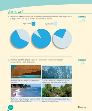 ¿Cómo vas?
puntos
3
puntos
4
Reservas sólidas de agua dulce en forma
de hielo.
Grandes cantidades de agua dulce que
ﬂuyen sobre la superﬁcie de la Tierra.
Se forman luego de que el agua se inﬁltra
bajo la superﬁcie de la Tierra.
Grandes extensiones de agua salada que
separan los continentes.
1. Marca con un el esquema que representa correctamente la relación entre el agua dulce
y el agua salada que hay en la Tierra. Fundamenta tu elección.
Agua salada Agua dulce
2. Usando el recortable 14 de la página 247 completa los cuadros con la imagen
correspondiente a cada descripción.
214
 
