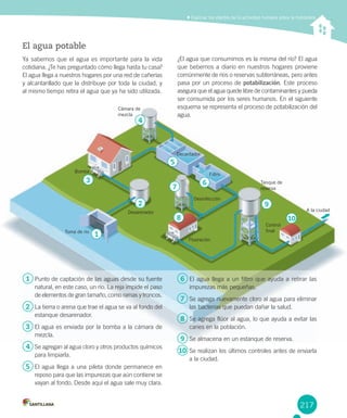 217
1
2
3
4
5
6
7
8
9
10
El agua potable
Ya sabemos que el agua es importante para la vida
cotidiana. ¿Te has preguntado cómo llega hasta tu casa?
El agua llega a nuestros hogares por una red de cañerías
y alcantarillado que la distribuye por toda la ciudad, y
al mismo tiempo retira el agua que ya ha sido utilizada.
¿El agua que consumimos es la misma del río? El agua
que bebemos a diario en nuestros hogares proviene
comúnmente de ríos o reservas subterráneas, pero antes
pasa por un proceso de potabilización. Este proceso
asegura que el agua quede libre de contaminantes y pueda
ser consumida por los seres humanos. En el siguiente
esquema se representa el proceso de potabilización del
agua.
Explicar los efectos de la actividad humana sobre la hidrósfera
1 Punto de captación de las aguas desde su fuente
natural, en este caso, un río. La reja impide el paso
de elementos de gran tamaño, como ramas y troncos.
2 La tierra o arena que trae el agua se va al fondo del
estanque desarenador.
3 El agua es enviada por la bomba a la cámara de
mezcla.
4 Se agregan al agua cloro y otros productos químicos
para limpiarla.
5 El agua llega a una pileta donde permanece en
reposo para que las impurezas que aún contiene se
vayan al fondo. Desde aquí el agua sale muy clara.
6 El agua llega a un filtro que ayuda a retirar las
impurezas más pequeñas.
7 Se agrega nuevamente cloro al agua para eliminar
las bacterias que puedan dañar la salud.
8 Se agrega flúor al agua, lo que ayuda a evitar las
caries en la población.
9 Se almacena en un estanque de reserva.
10 Se realizan los últimos controles antes de enviarla
a la ciudad.
Cámara de
mezcla
Decantador
Filtro
Tanque de
reserva
Control
finalToma de río
Fluoración
Bomba
Desinfección
Desarenador A la ciudad
 