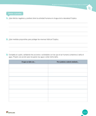 223
Explicar los efectos de la actividad humana sobre la hidrósfera
1. ¿Qué efectos negativos y positivos tiene la actividad humana en el agua de la naturaleza? Explica.
2. ¿Qué medidas propondrías para proteger las reservas hídricas? Explica.
3. Completa el cuadro, señalando tres acciones o actividades con las que el ser humano contamina o daña el
agua. Propón una acción para recuperar esa agua o evitar dicho daño.
Ponte a prueba
El agua se daña con... Pero podemos cuidarla mediante...
 