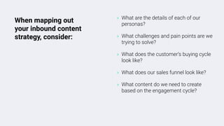‣ What are the details of each of our
personas?
‣ What challenges and pain points are we
trying to solve?
‣ What does the customer’s buying cycle
look like?
‣ What does our sales funnel look like?
‣ What content do we need to create
based on the engagement cycle?
When mapping out
your inbound content
strategy, consider:
 