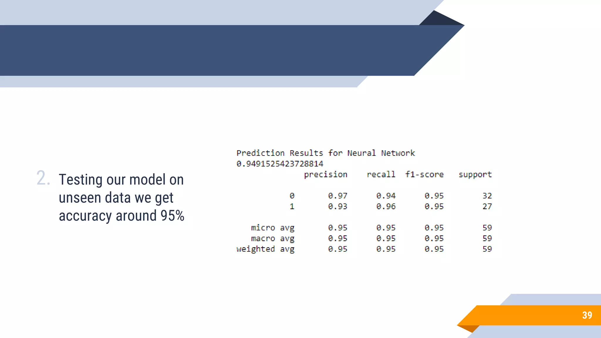39
2. Testing our model on
unseen data we get
accuracy around 95%
 