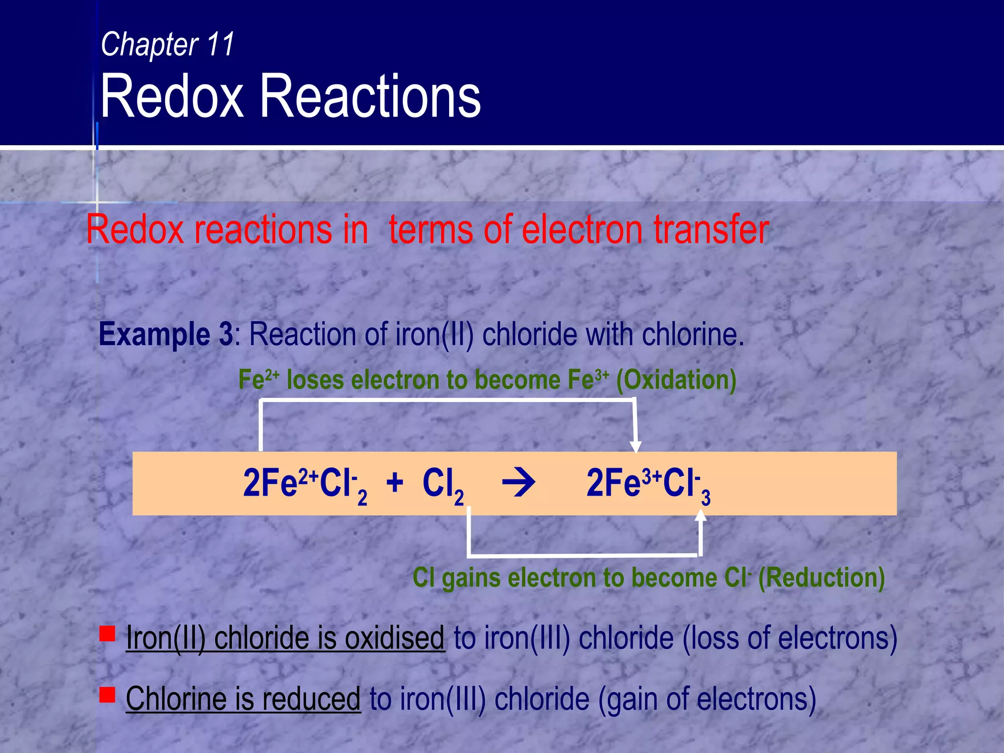 2Fe2+
Cl-
2 + Cl2  2Fe3+
Cl-
3
Example 3: Reaction of iron(II) chloride with chlorine.
Fe2+
loses electron to become Fe3+
(Oxidation)
Cl gains electron to become Cl-
(Reduction)
 Iron(II) chloride is oxidised to iron(III) chloride (loss of electrons)
 Chlorine is reduced to iron(III) chloride (gain of electrons)
Chapter 11
Redox Reactions
Redox reactions in terms of electron transfer
 