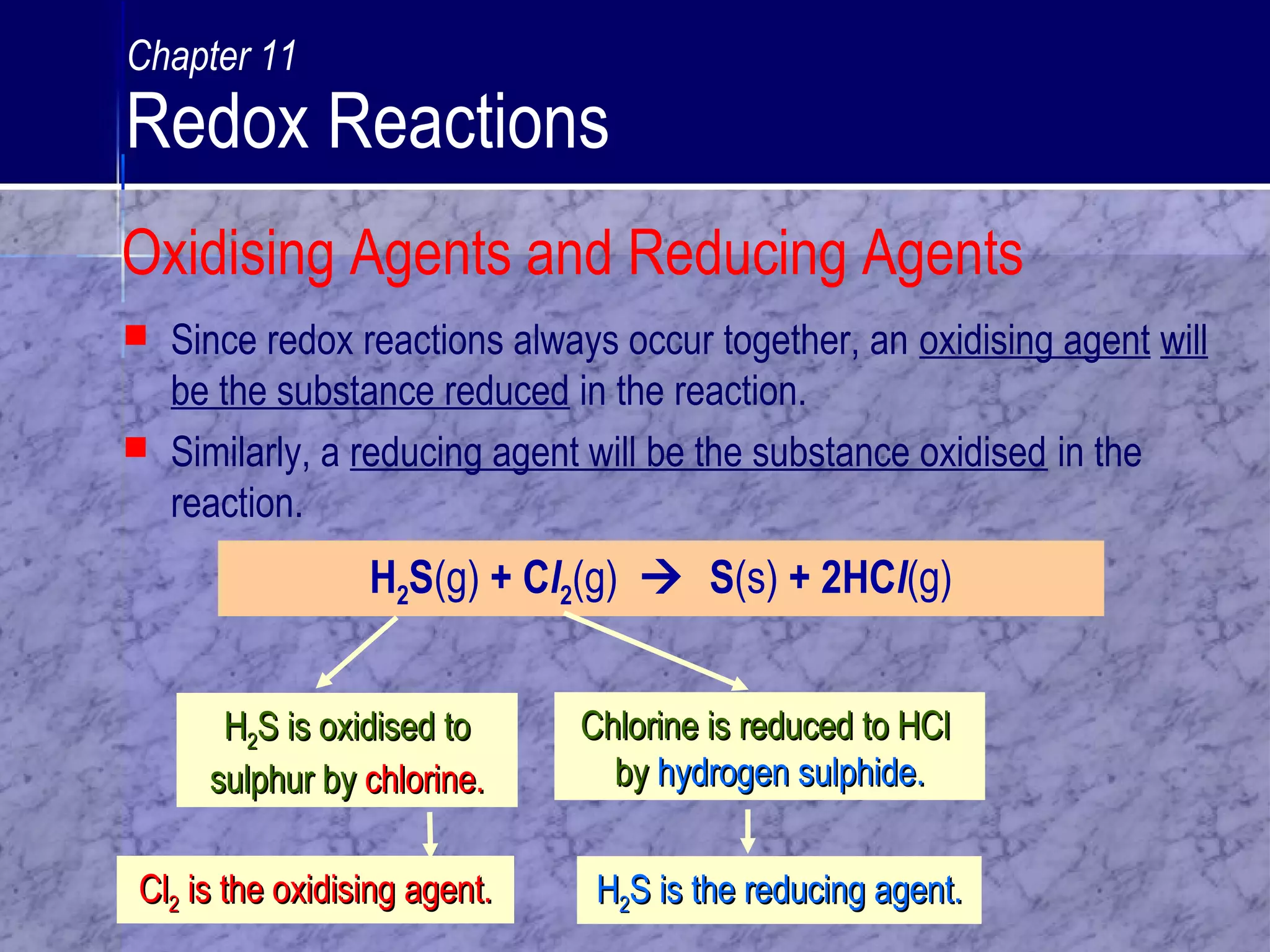  Since redox reactions always occur together, an oxidising agent will
be the substance reduced in the reaction.
 Similarly, a reducing agent will be the substance oxidised in the
reaction.
H2S(g) + Cl2(g)  S(s) + 2HCl(g)
HH22S is oxidised toS is oxidised to
sulphur bysulphur by chlorine.chlorine.
Chlorine is reduced to HClChlorine is reduced to HCl
byby hydrogen sulphide.hydrogen sulphide.
HH22S is the reducing agent.S is the reducing agent.ClCl22 is the oxidising agent.is the oxidising agent.
Oxidising Agents and Reducing Agents
Chapter 11
Redox Reactions
 