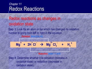 Step 3: Look for an atom or ion which has changed its oxidation
number in going from left to right in the equation.
Mg + 2H Cl  Mg Cl2 + H2
0 + - 2+ - 0
Step 4: Determine whether it is oxidation (increase in
oxidation state) or reduction (decrease in
oxidation state).
Oxidation (from 0 to +2)
Reduction (from + 1 to 0)
Redox reactions as changes in
oxidation state
Chapter 11
Redox Reactions
 