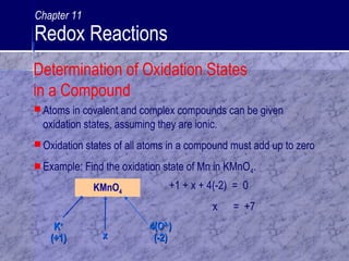 KMnO4
KK++
(+1)(+1) xx
4(O4(O2-2-
))
(-2)(-2)
 Atoms in covalent and complex compounds can be given
oxidation states, assuming they are ionic.
 Oxidation states of all atoms in a compound must add up to zero
 Example: Find the oxidation state of Mn in KMnO4.
+1 + x + 4(-2) = 0
x = +7
Determination of Oxidation States
in a Compound
Chapter 11
Redox Reactions
 