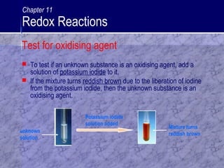 Test for oxidising agent
 To test if an unknown substance is an oxidising agent, add a
solution of potassium iodide to it.
 If the mixture turns reddish brown due to the liberation of iodine
from the potassium iodide, then the unknown substance is an
oxidising agent.
Potassium iodide
solution added
unknown
solution
Mixture turns
reddish brown
Chapter 11
Redox Reactions
 