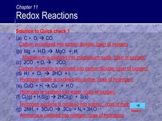 Solution to Quick check 1
1. (a) C + O2  CO2
Carbon is oxidised into carbon dioxide. (gain of oxygen)
(b) Mg + H2O  MgO + H2
Magnesium is oxidised into magnesium oxide. (gain of oxygen)
(c) 2CO + O2  2CO2
Carbon monoxide is oxidised into carbon dioxide. (gain of oxygen)
(d) H2I + Cl2  2HCl + I2
Hydrogen iodide is oxidised into iodine. (loss of hydrogen)
(e) CuO + H2  Cu + H2O
Hydrogen is oxidised into water. (gain of oxygen)
(f) Cl2(g) + H2S(g)  2HCl(g) + S(s)
Hydrogen sulphide is oxidised into sulphur. (loss of hydrogen)
(g) 2NH3 + 3CuO  3Cu + N2 + 3H2O
Ammonia is oxidised into nitrogen. (loss of hydrogen)
Return
Chapter 11
Redox Reactions
 