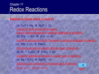2. (a) CuO + Mg  MgO + Cu
Copper(II) oxide is reduced to copper.
(loss of oxygen/decrease in oxidation state/gain of electrons)
(b) 2Fe3+
+ 2Cl-
 2Fe2+
+ Cl2
Iron(III) is reduced to iron(II). Decrease in oxidation state/gain of electron.
(c) 2Na + Cl2  2NaCl
Chlorine is reduced to sodium chloride. (gain of electron)
(d) Zn + CuSO4  ZnSO4 + Cu
Copper(II) sulphate is reduced to copper (gain of electrons)
(e) Mg + H2SO4  MgSO4 + H2
Sulphuric acid is reduced to hydrogen (gain of electron)
3. (i) +2, (ii) +1, (iii) +4, (iv) +5 Return
Solution to Quick check 2 (cont’d)
Chapter 11
Redox Reactions
 