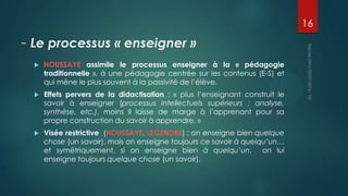 16

- Le processus « enseigner »


HOUSSAYE assimile le processus enseigner à la « pédagogie
traditionnelle », à une pédagogie centrée sur les contenus (E-S) et
qui mène le plus souvent à la passivité de l’élève.



Effets pervers de la didactisation : « plus l’enseignant construit le
savoir à enseigner (processus intellectuels supérieurs : analyse,
synthèse, etc.), moins il laisse de marge à l’apprenant pour sa
propre construction du savoir à apprendre. »



Visée restrictive (HOUSSAYE, LEGENDRE) : on enseigne bien quelque
chose (un savoir), mais on enseigne toujours ce savoir à quelqu’un…
et symétriquement, si on enseigne bien à quelqu’un, on lui
enseigne toujours quelque chose (un savoir).

 