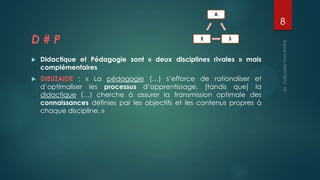 A

D#P

E

8
S



Didactique et Pédagogie sont « deux disciplines rivales » mais
complémentaires



DIEUZAIDE : « La pédagogie (…) s’efforce de rationaliser et
d’optimaliser les processus d’apprentissage, [tandis que] la
didactique (…) cherche à assurer la transmission optimale des
connaissances définies par les objectifs et les contenus propres à
chaque discipline. »

 